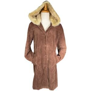 Nine West brown corduroy hooded Wide Whale lined trench Y2K large cotton Retro